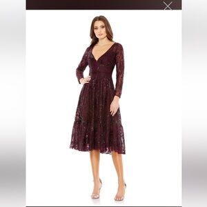 NEW Mac Duggal Lace Embellished Long Sleeve Ruffle Dress | Size 16 | Wine | NWT